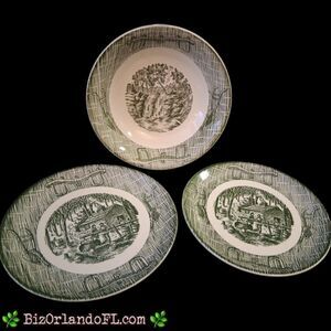 VINTAGE Scio Pottery Co of Ohio Currier & Ives Green Yoke & Plow Bowl & 2 Plates